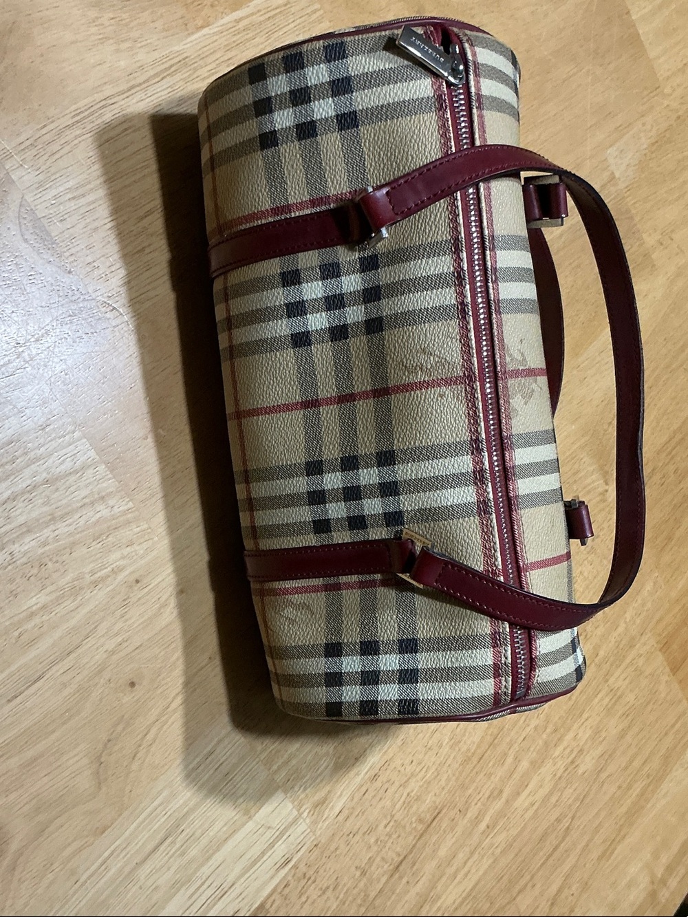 Burberry Beige Nova Check Shoulder Bag with Burgundy Trim